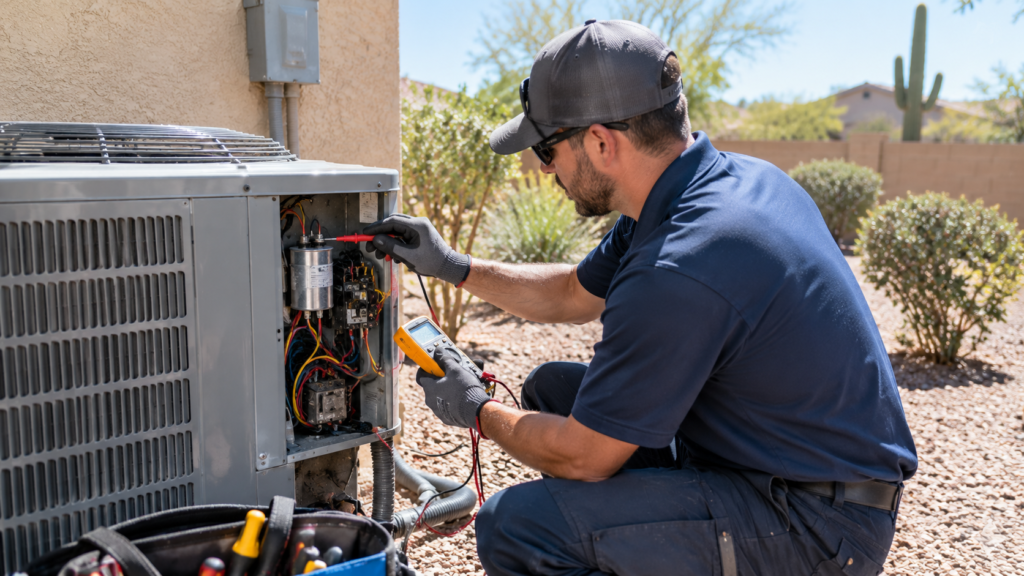 HVAC technician testing AC capacitor and wiring with a multimeter during electrical component repair in Mesa, AZ