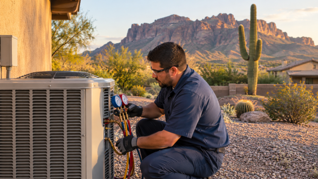 HVAC technician inspecting an outdoor AC unit at a home in Gold Canyon, AZ