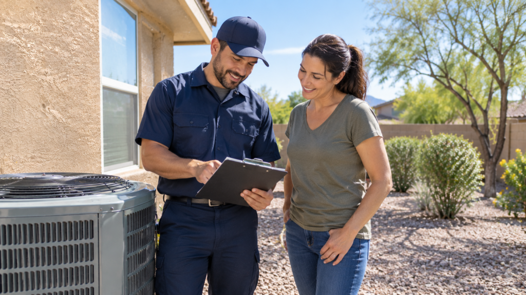 HVAC technician reviewing an AC repair estimate with a homeowner in Mesa, AZ