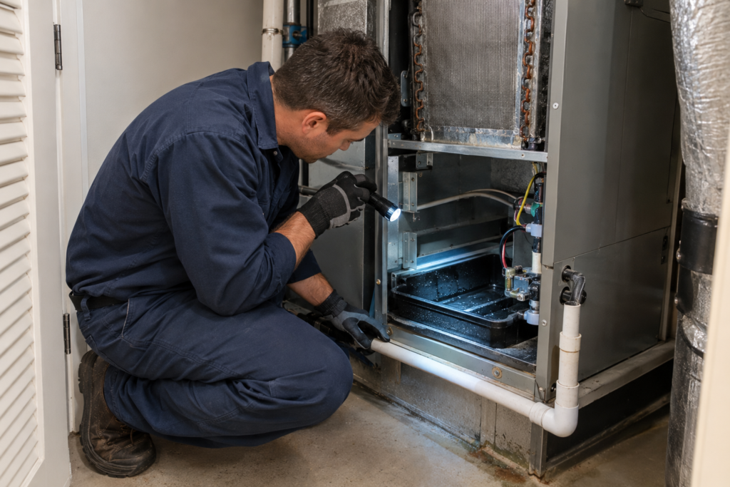Technician inspecting an AC condensate drain line and drain pan for odor in a Mesa, AZ home